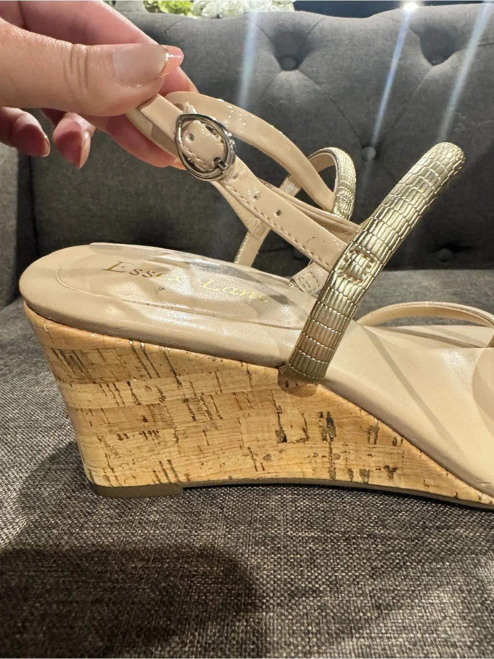 Essex Lane Daniela 8 Wedge Sandals with Gold Accent Straps - Nude
